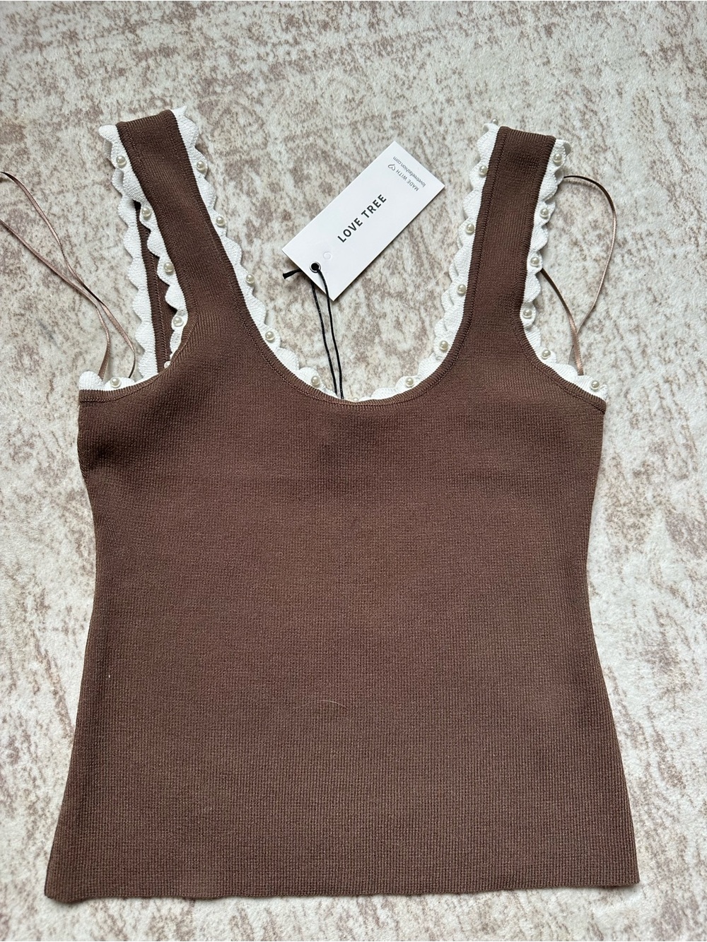 Love Tree Brown Knit Tank with White Scallop Trim and pearls